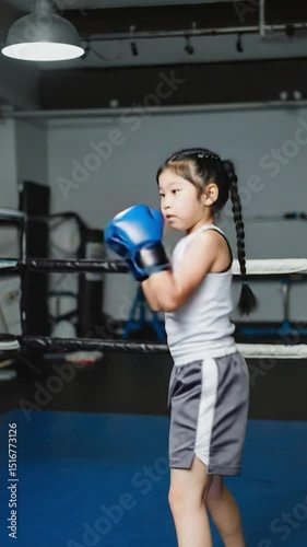 Young girl in boxing stance in a ring