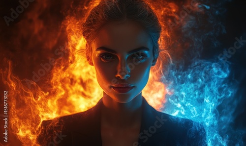 Woman surrounded by contrasting fire and ice