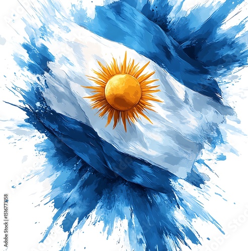 Artistic rendering of the argentinian flag with blue watercolor splatters on a white background