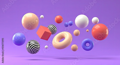 Playful 3D render of colorful floating geometric shapes (spheres, cube, toruses) on vibrant purple background.