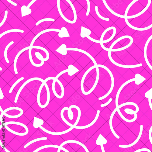 Seamless pattern of rounded arrows with hearts on the tips on a pink background