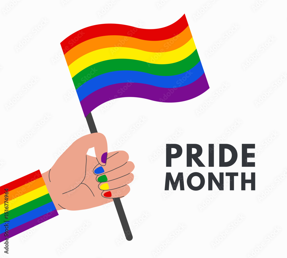 Fototapeta premium LGBTQ support social media banner or post template, greeting card or party invitation. Hand hold rainbow lgbt flag and celebrate pride month, week or day vector flat illustration. 