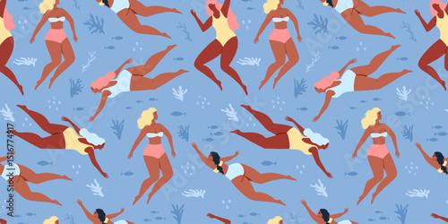 Summertime cute seamless pattern with swim in the sea or ocean body positive women. Underwater swimming. Background with swimming girls. Vector illustration	