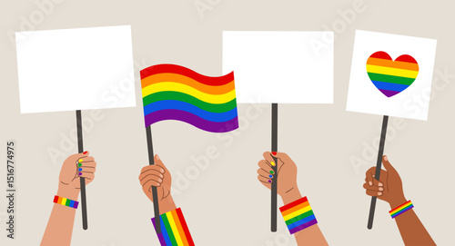 Hands holding LGBT rainbow flags, posters, symbols. Pride month celebration. Gay pride. Flat style. People holding lgbt posters, symbols, signs and flags with rainbows, gay parade. Vector illustration