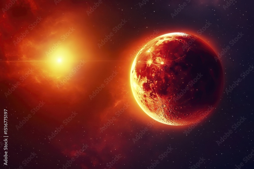 Fototapeta premium Alien red planet and sun in distant galaxy with space dust and twinkling stars