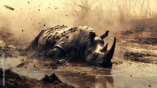 A rhinoceros wallowing in a mud pool in the African savannah, its thick skin covered in grime. The dust and heat rise from the ground, emphasizing the rhinos connection 