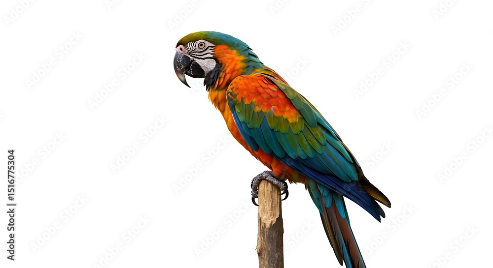 Fototapeta premium Colorful Macaw Parrot on a Perch Isolated on White Background Exotic Bird with Vibrant Plumage Wildlife Photography Avian Beauty Tropical Rainforest Fauna