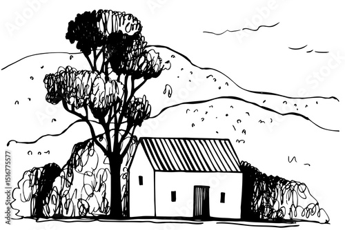 Hand-darwn house in the mountains. Vector sketch illustration