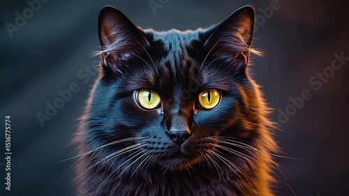 Close-up of a black cat's face.  Intense gaze with vibrant yellow eyes, soft fur, and a focused expression