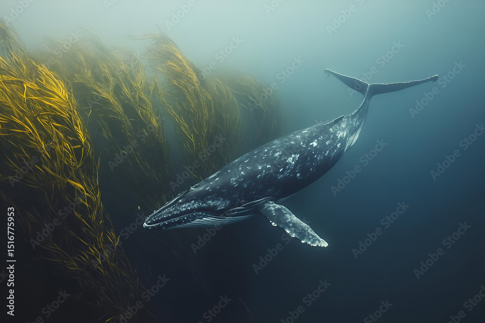 Naklejka premium A solitary whale swimming through a kelp forest in the deep ocean, its massive body moving slowly among the tall, waving plants. The gentle flow of water and the eerie silence of the deep sea
