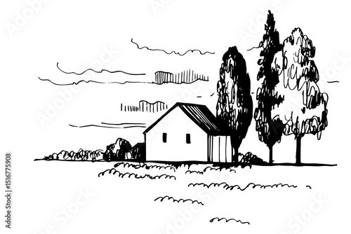 Hand-drawn house in the field. Vector sketch illustration