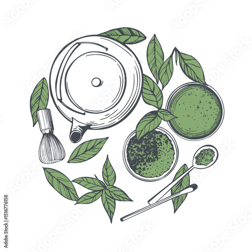 Hand-drawn matcha tea set.  Vector sketch illustration