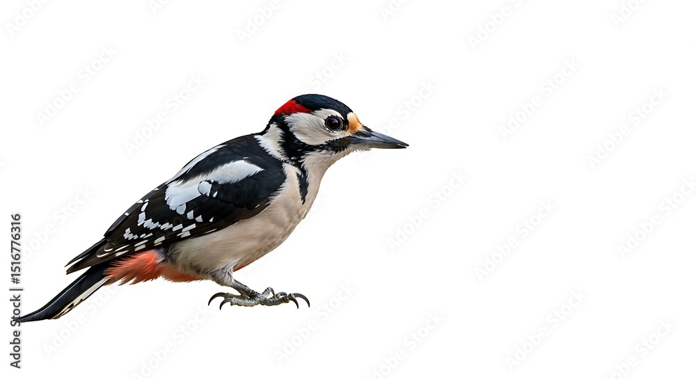 Obraz premium Great Spotted Woodpecker Isolated on White Background Detailed Bird Portrait Wildlife Animal Photography Ornithology Avian Species Habitat Conservation Ecosystem Biodiversity Outdoor