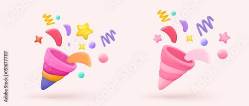 3d icon sign party poppers with flying. Birthday party and anniversary with cone popper. Firecracker explodes with ribbon explode for surprise. 3d confetti bang winner icon vector render illustration