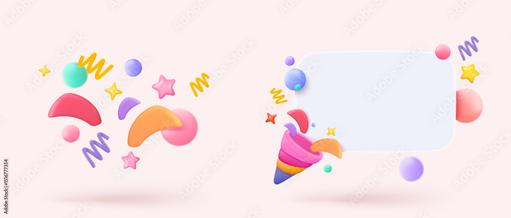 3d icon sign party poppers with flying. Birthday party and anniversary with cone popper. Firecracker explodes with ribbon explode for surprise. 3d confetti bang winner icon vector render illustration