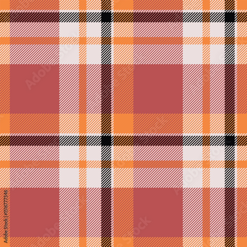 Warmtoned tartan pattern featuring interweaving stripes of orange, beige, brown, and black. Ideal for backgrounds, textiles, or autumnal designs.