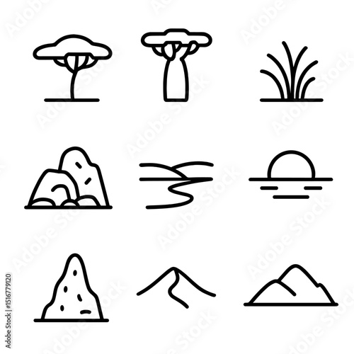 African Safari Icons. Outline icon set of African landscapes on safari: acacia tree, baobab silhouette, savanna grass, rocky kopje
