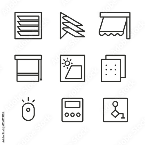 Adaptive Façade Shading Icons. Outline icon set of adaptive façade shading: adjustable louver blade, brise-soleil fin, retractable