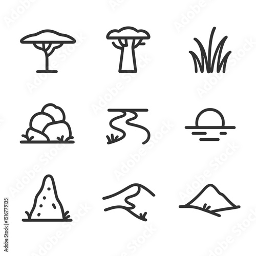 African Safari Icons. Outline icon set of African landscapes on safari: acacia tree, baobab silhouette, savanna grass, rocky kopje