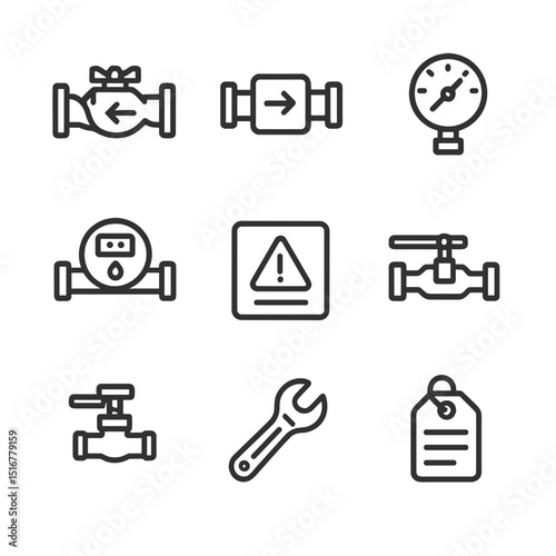 Backflow Prevention Icons. Outline icon set of backflow prevention: backflow preventer valve, check valve, pressure gauge, water