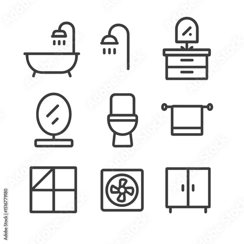 Bathroom Renovation Icons. Outline icon set of bathroom renovation: bathtub, showerhead, vanity, mirror, toilet, towel rack, tile