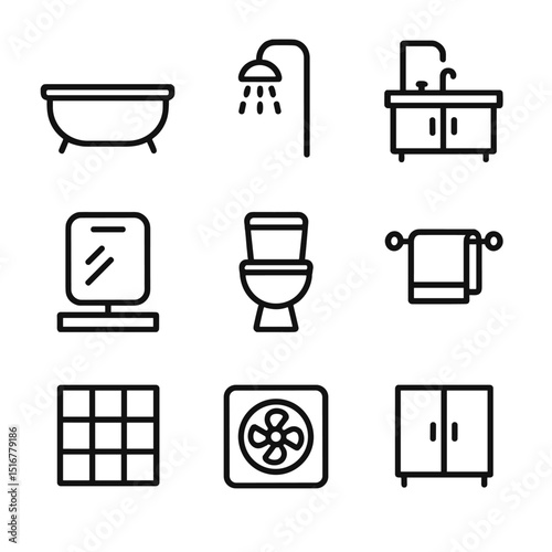 Bathroom Renovation Icons. Outline icon set of bathroom renovation: bathtub, showerhead, vanity, mirror, toilet, towel rack, tile