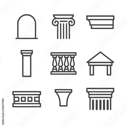 Architectural Façade Icons. Outline icon set of architectural façade details: archway, column capital, cornice, pilaster,