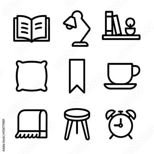 Bedroom Reading Nook Icons. Outline icon set of bedroom reading nook: open book, reading lamp, wall shelf, floor pillow, bookmark,