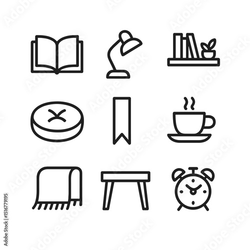 Bedroom Reading Nook Icons. Outline icon set of bedroom reading nook: open book, reading lamp, wall shelf, floor pillow, bookmark,