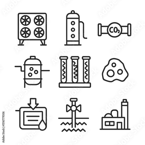 Carbon Capture Icon Set. Outline icon set of carbon capture and utilization: direct air capture unit, amine solvent column, CO₂