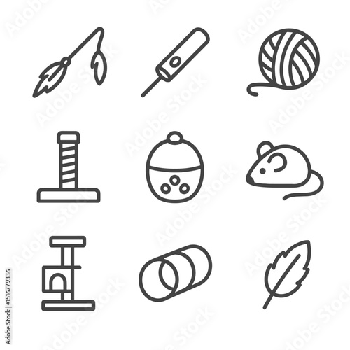 Cat Toy Icons. Outline icon set of cat interactive play: feather wand, laser pointer, yarn ball, scratching post, treat dispenser,