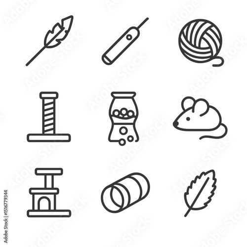 Cat Toy Icons. Outline icon set of cat interactive play: feather wand, laser pointer, yarn ball, scratching post, treat dispenser,