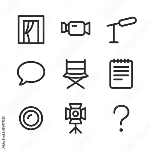 Confessional Interview Icons. Outline icon set of confessional interviews: diary booth, camcorder, boom mic, director’s chair,