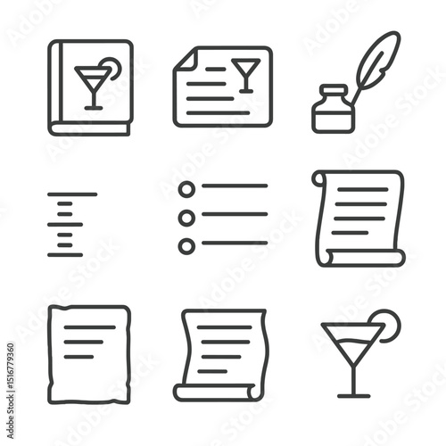 Cocktail Icon Set. Outline icon set of cocktail recipes: recipe book, handwritten card, quill pen, ink bottle, measurement lines,