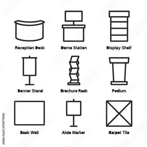 Convention Booth Icons. Outline icon set of convention booth layout: reception desk, demo station, display shelf, banner stand,