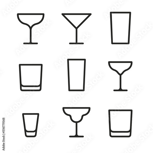 Cocktail Glass Icons. Outline icon set of cocktail glassware: coupe glass, martini glass, highball glass, old fashioned glass,