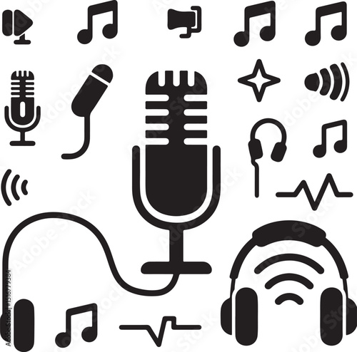 Vector set of vintage microphone icons for music radio and audio communication