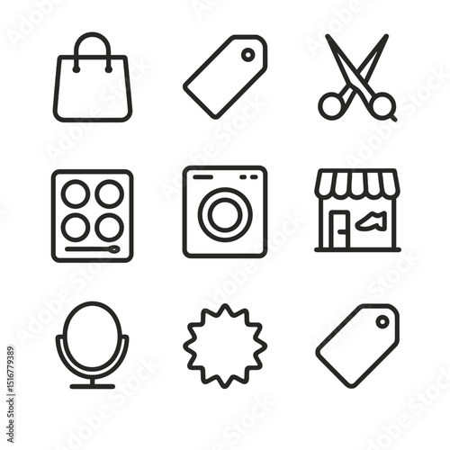 Clothing and Care Icons. Outline icon set of clothing and personal care: shopping bag, clothing tag, haircut scissors, cosmetics