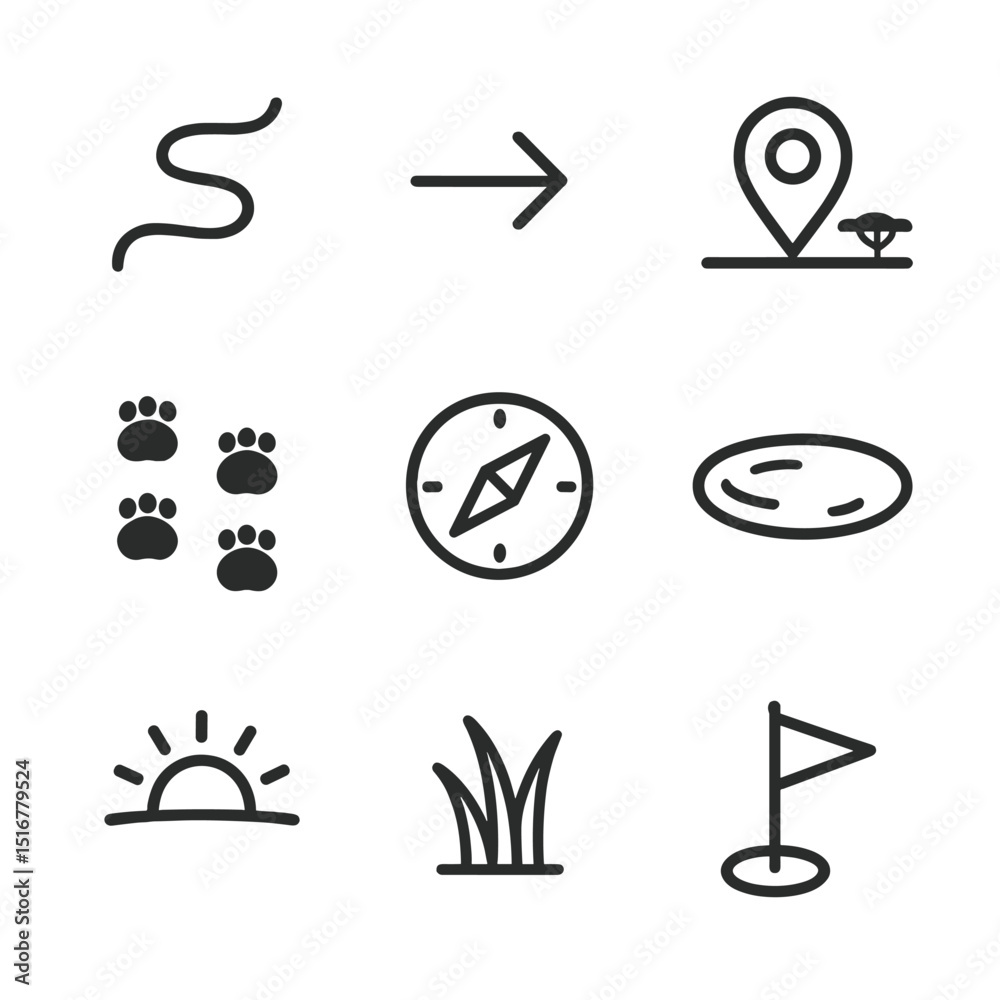 Fototapeta premium Elephant Migration Icons. Outline icon set of elephant migration journey: winding path, direction arrow, map pin on savannah,