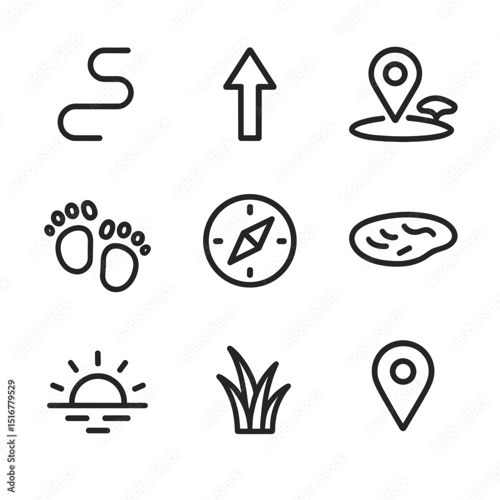 Fototapeta premium Elephant Migration Icons. Outline icon set of elephant migration journey: winding path, direction arrow, map pin on savannah,