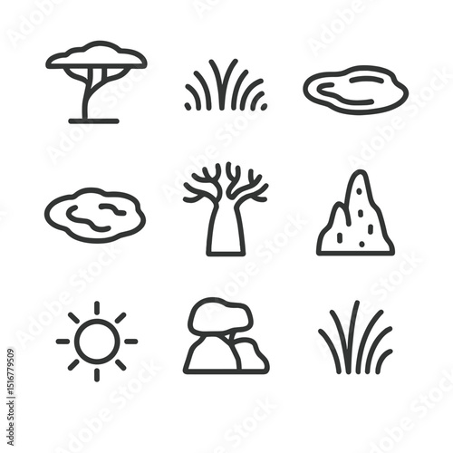 Elephant Habitat Icons. Outline icon set of elephant habitat elements: acacia tree, grass plain, watering hole, mud pit, baobab