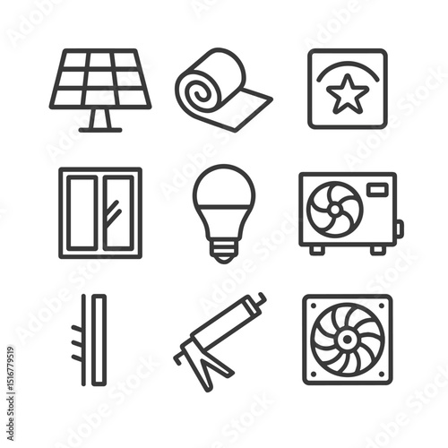 Energy Efficiency Icons. Outline icon set of energy efficiency upgrades: solar panel, insulation roll, energy star label,