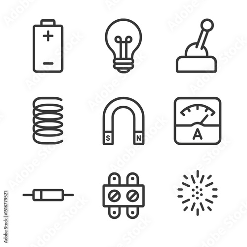 Electricity Icon Set. Outline icon set of electricity and magnetism demos: battery cell, light bulb, switch lever, copper coil,