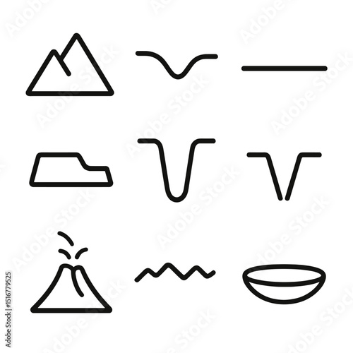 Earth Topography Icons. Outline icon set of Earth’s topography: mountain, valley, plain, plateau, canyon, trench, volcano, ridge,