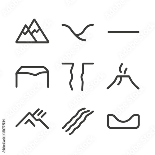 Earth Topography Icons. Outline icon set of Earth’s topography: mountain, valley, plain, plateau, canyon, trench, volcano, ridge,
