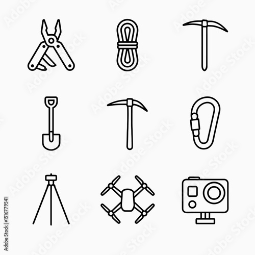 Field Equipment Icons. Outline icon set of field equipment: multitool, climbing rope, ice axe, shovel, pickaxe, carabiner, tripod,