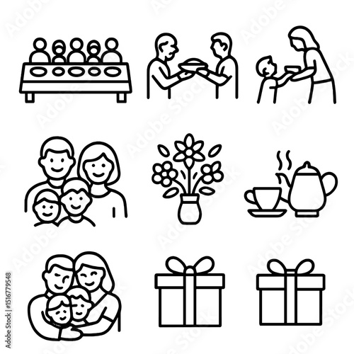 Family Gathering Icons. Outline icon set of family gathering scenes: long table, shared meal, elder handing plate, child reaching