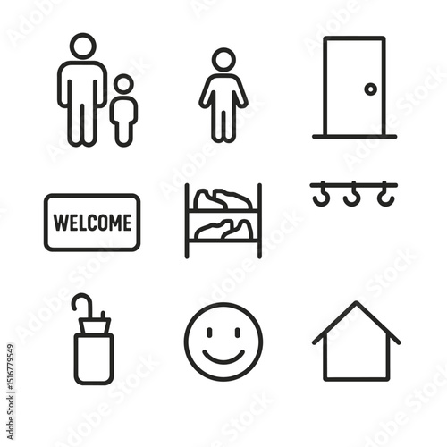 Family Home Icons. Outline icon set of family home courtesy: parent silhouette, child silhouette, front door, welcome mat, shoe