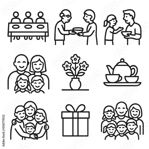 Family Gathering Icons. Outline icon set of family gathering scenes: long table, shared meal, elder handing plate, child reaching