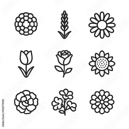Flower Icon Grid. Outline icon set of flower bed separators: marigold bloom, lavender stalk, daisy head, tulip bud, rose spray,